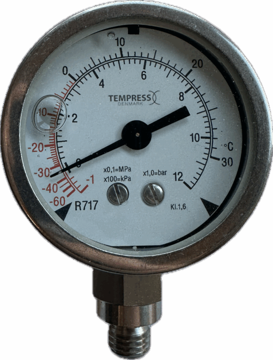 Manometer Tempress ø100, A10, uttak ned -1/12 bar NH3 væskefylt
